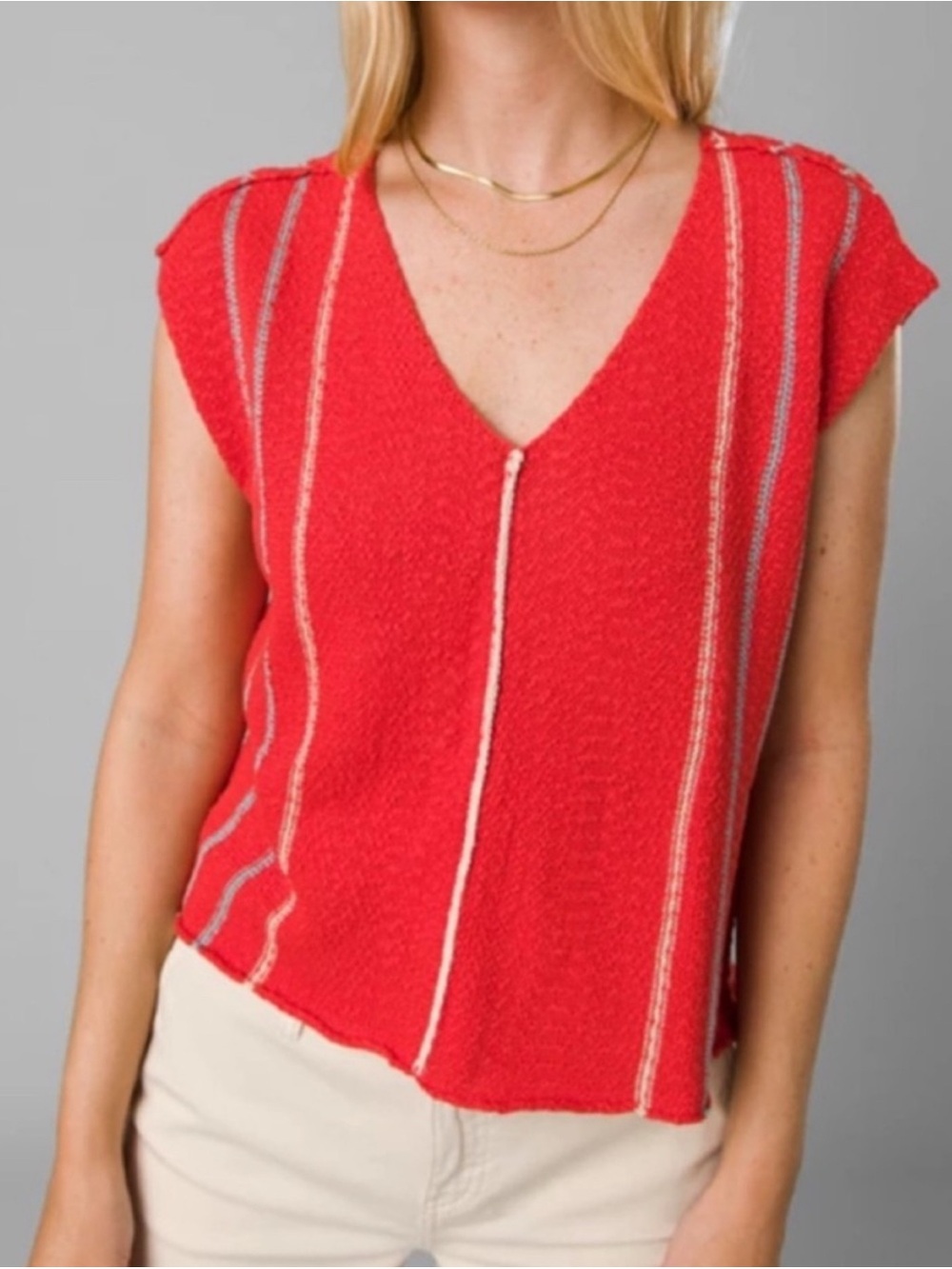Prana Wave Maker Sweater Top Red Sleeveless V-Neck Knit Shirt Fall Knit Boho XL